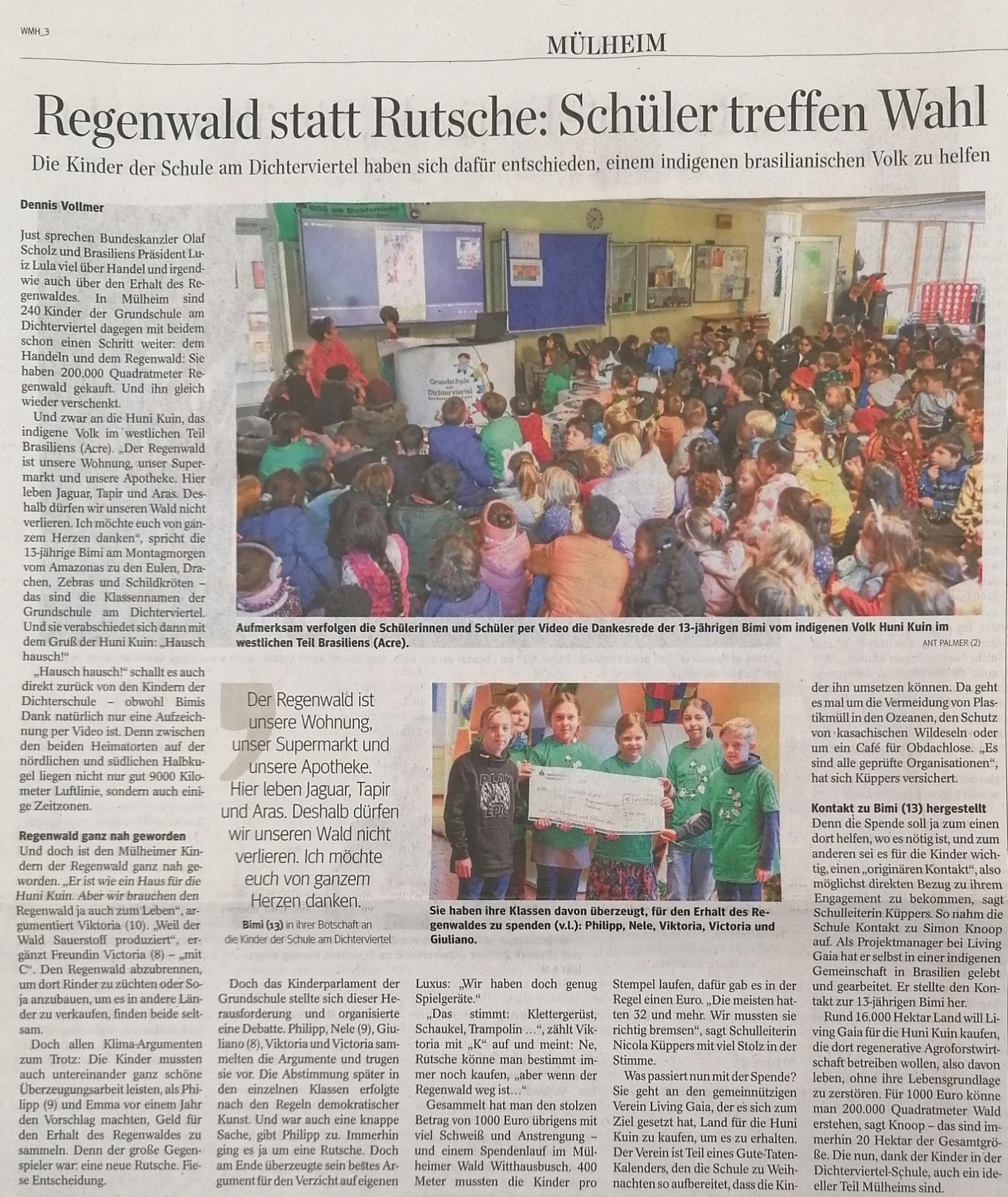 Zeitungsartikel über Regenwald-Projekt: Die Kinder der Schule am Dichtervoiertel haben sich dafür entschieden, einem indigenen brasilianischen Volk zu helfen. 